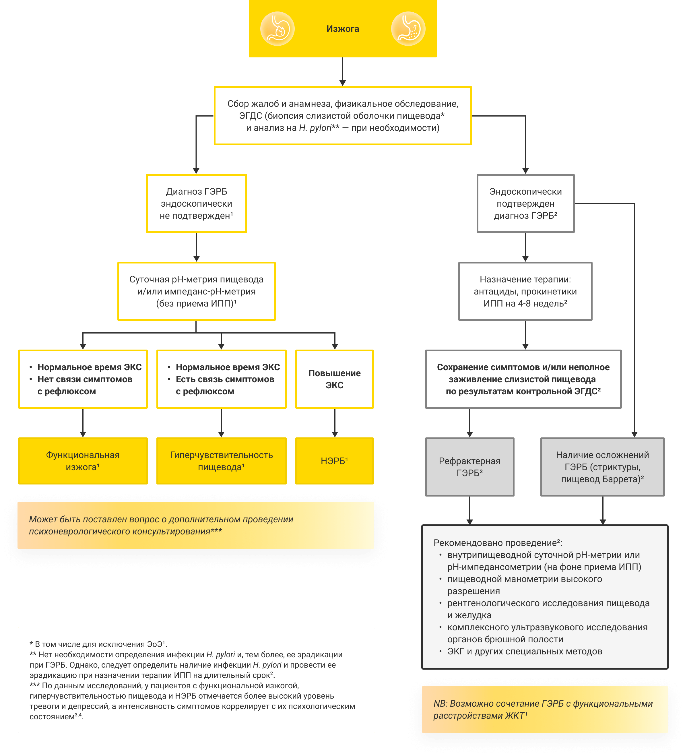 Полный алгоритмом диагностического поиска при жалобах пациента на изжогу.